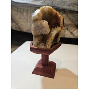 VTG Quartz Crystal Geode with Handmade Stained Wood Stand Unique One of a Kind